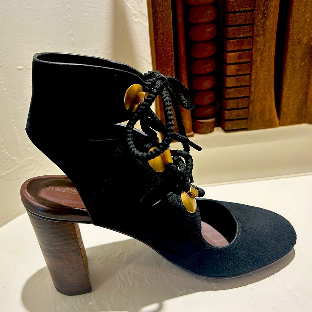 See by Chloe suede lace up square heel pumps
